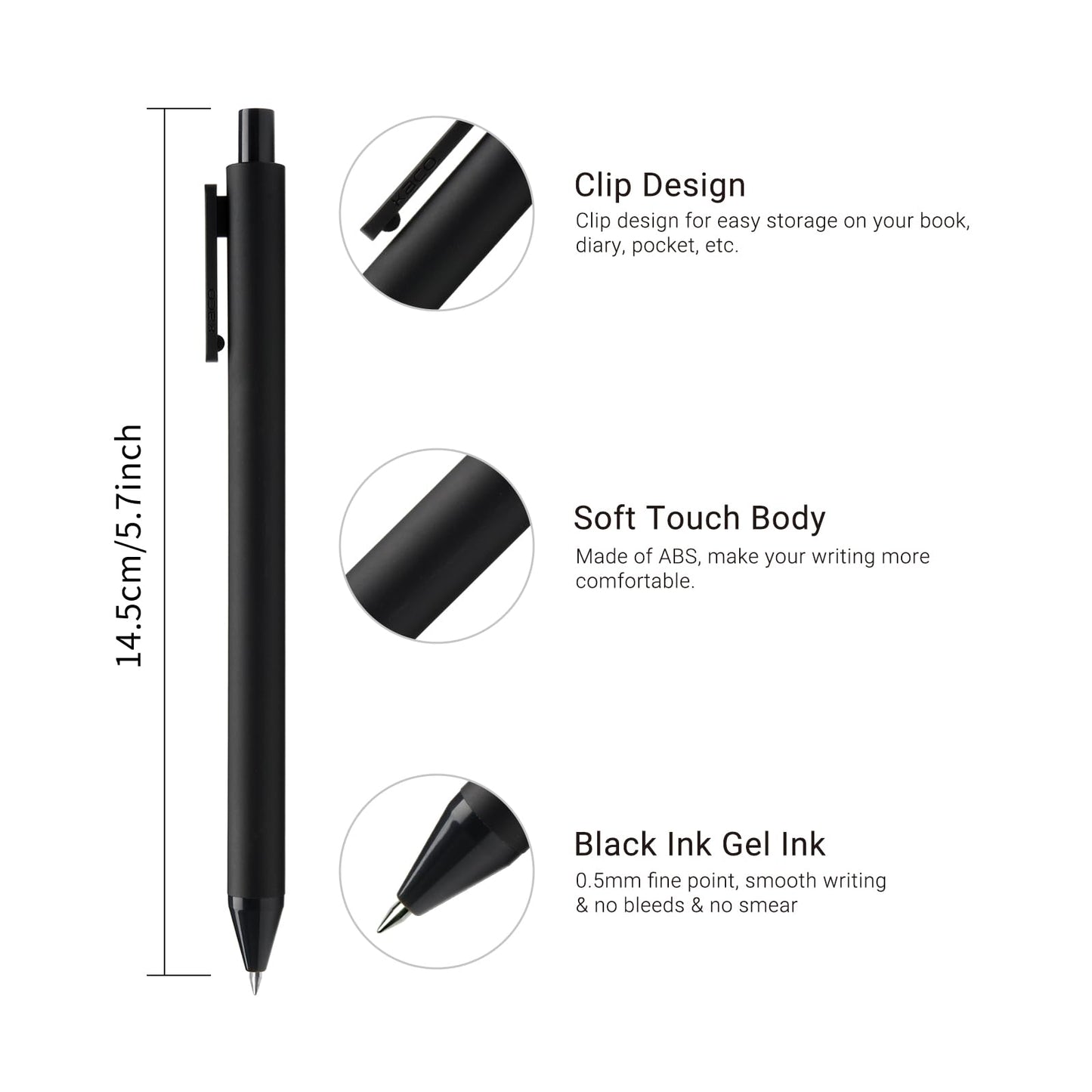 KaCo Gel Pens, 0.5 mm Fine Point, Black Ink 10 Count, Quick Dry Smooth Writing, Aesthetic Office Supplies Refillable Retractable