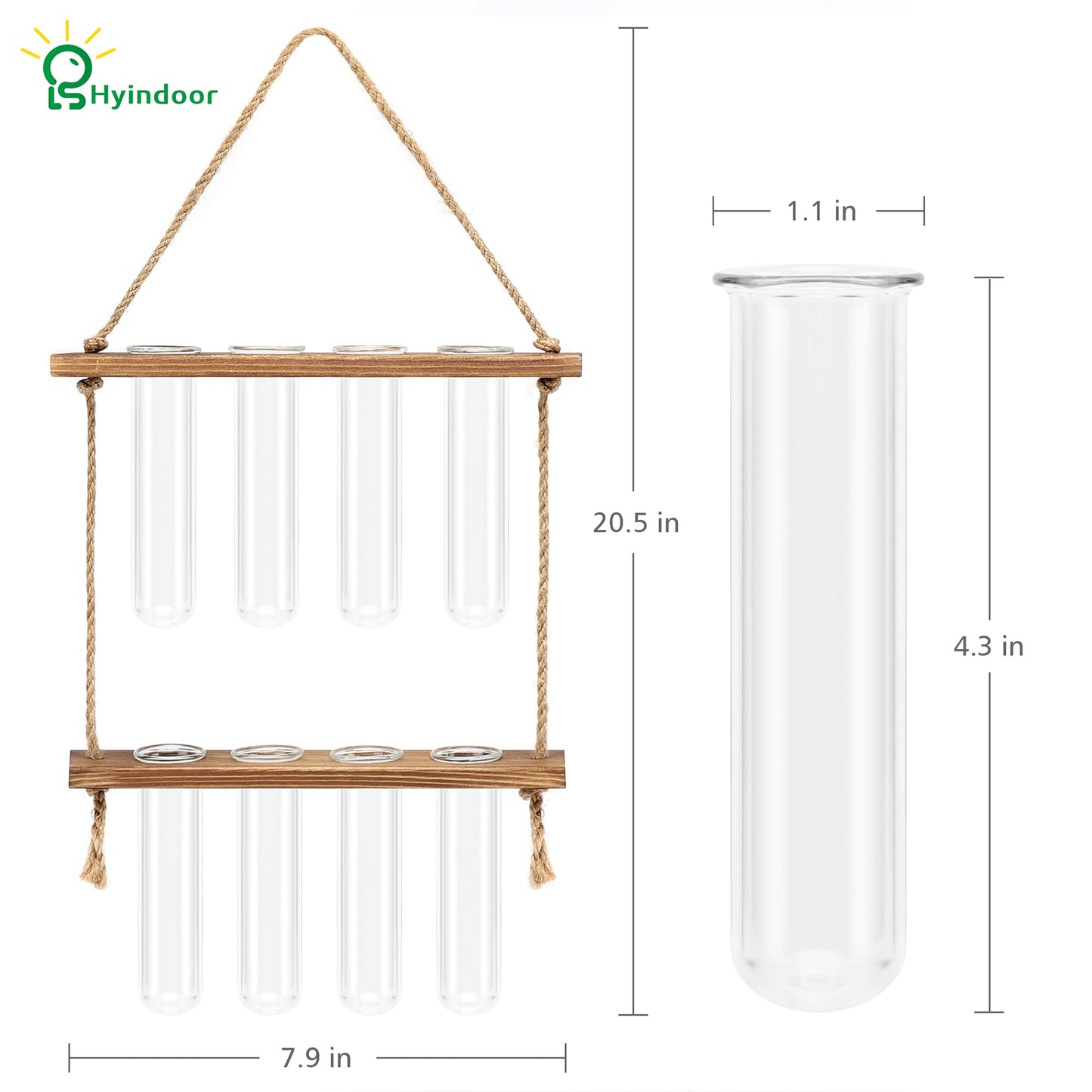 HYINDOOR Wall Hanging Planter Terrarium 2 Tired Test Tube Vase Glass Planter Plant Propagation Station Plant Hangers of Rope with Wooden Stand and 8 Tubes for Hydroponic Plant Cutting