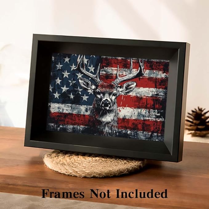Yesad American Flag Deer Canvas Wall Art, Animal Head Rustic Wall Décor Christmas Paintings Pictures Nature Artwork Modern Poster for Farmhouse, Living Room, Bedroom, Office (Unframed,18”x12”,Deer1)