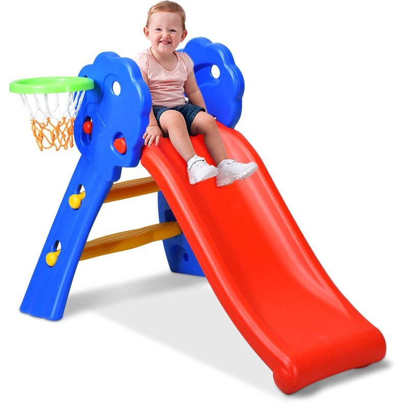 KOTEK Folding Toddler Slide for Indoor and Outdoor, Freestanding Plastic Baby Slide Climber Playset, Easy to Store, Anti-Slip Steps, Kids Playground Toy Ages 3-5 (Blue with Basketball Hoop)