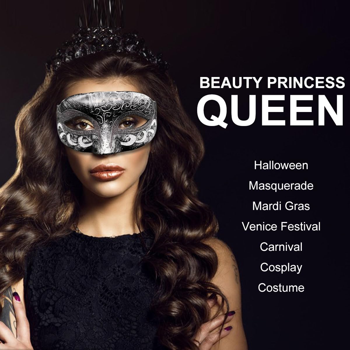 Masquerade Mask for Men Couple Venetian Mask for Halloween Mardi Gras Costume Party Prom Ball (Black+Silver)
