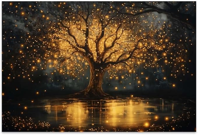 Yesad Tree of Life Canvas Wall Art, Spiritual Wall Art Fairy Lights Prints Landscape Painting Wall Décor for Living Room Bedroom Farmhouse Housewarming Gift (Unframed,36”x24”, Tree7)
