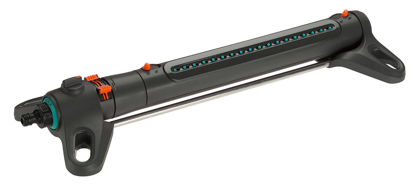 Gardena AquaZoom L rectangular sprinkler: Sprinkler for watering areas of 28–350 m², range 7–21 m, spread 4–17 m, built-in metal filter (18714-88)