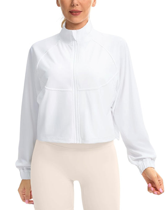 Soothfeel Women's Athletic workout Jacket Lightweight UPF 50+ Long Sleeve Sun Protection Shirts Zip Up Cropped Hiking Tops (White, M)