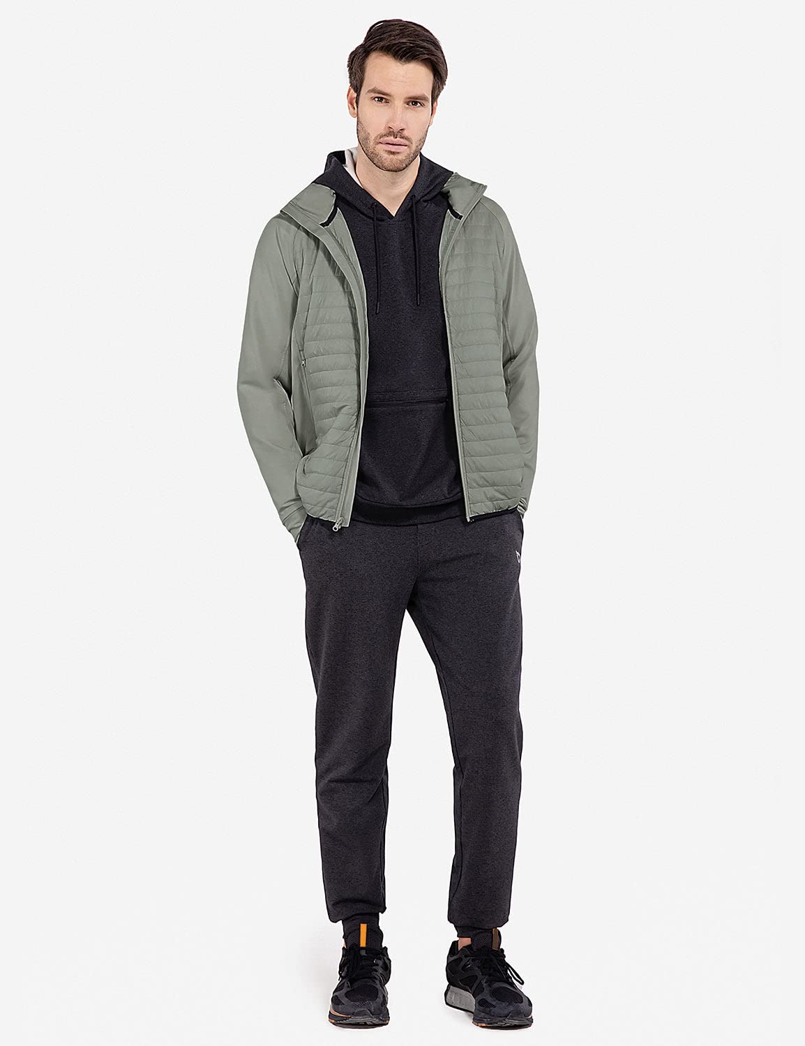 baleaf Men's Running Jacket Lightweight Warm Up Puffer Jacket Hybrid Thermal Hiking Golf Insulated Coat Thumble Hole Olive XL