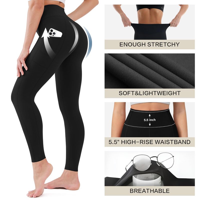 Blisset 3 Pack High Waisted Leggings for Women with Pockets Soft Active Tummy Control Pants for Yoga Running & Daily Wear