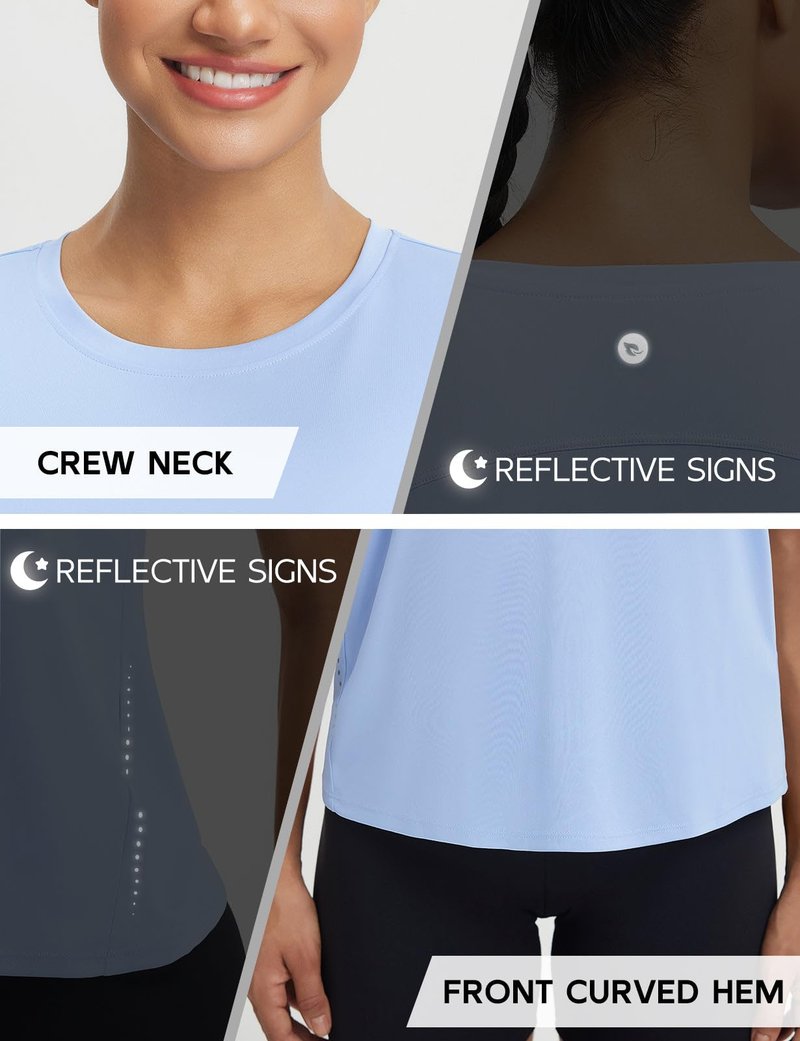 baleaf Women's Short Sleeve Workout Shirts Athletic Tops Sun Protection Breathable T-Shirts Quick Dry Gym Running Tennis Light Blue L