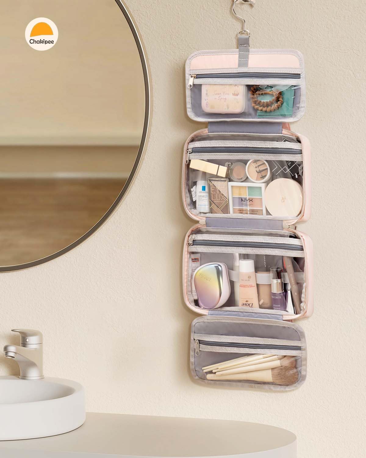 Chakipee Travel Hanging Toiletry Bag for Women - Waterproof Cosmetic Organizer with Clear Window, Lightweight Bathroom Bags for Essentials, Makeup, Shampoo, Toiletries (Pink, Medium)