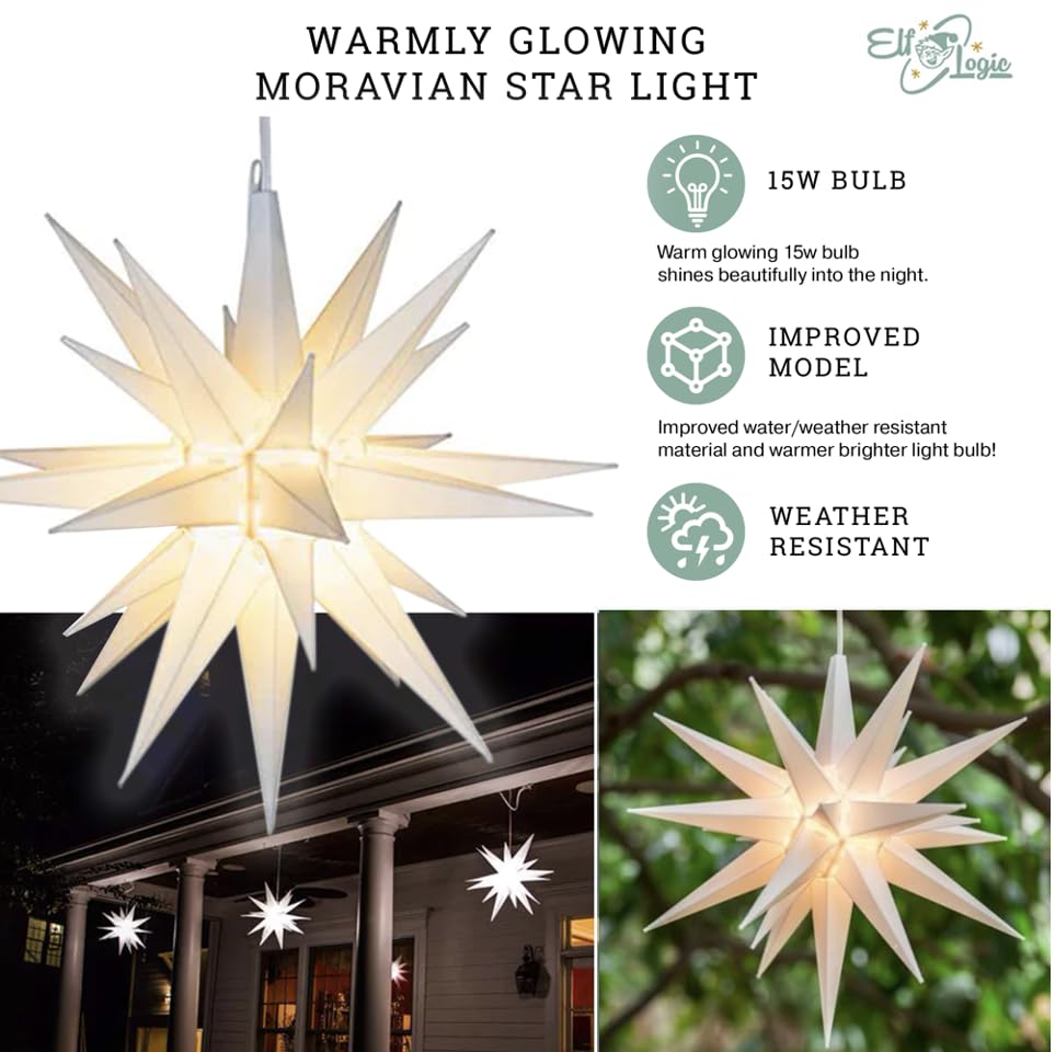 Elf Logic 12" Bright White LED Moravian Star Tree Topper - Hanging Outdoor/Indoor Christmas Tree Star Topper Light - Use as Holiday Decoration, Porch Light, Wedding and Ballroom Venue Decor