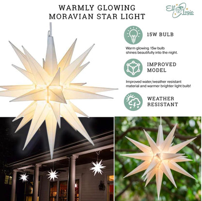 Elf Logic 12" Bright White LED Moravian Star Tree Topper - Hanging Outdoor/Indoor Christmas Tree Star Topper Light - Use as Holiday Decoration, Porch Light, Wedding and Ballroom Venue Decor