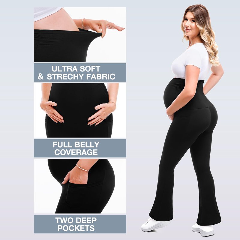 Leafigure Maternity Flare Leggings with Pockets Over The Belly Yoga Pants for Workout Soft Pregnancy Activewear Black L