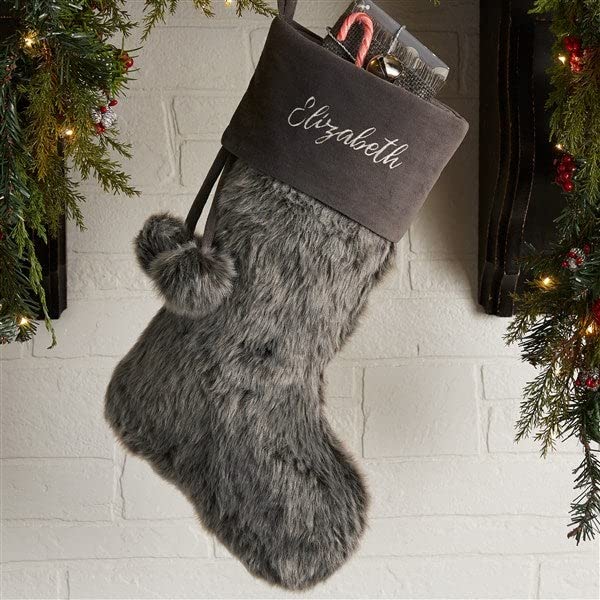 Personalization Universe Personalized Faux Fur Christmas Stocking in Grey - Customizable with Any Name or Monogram, Perfect for Holiday Decorations, 20" L x 8" W, 100% Polyester, Spot Clean Only