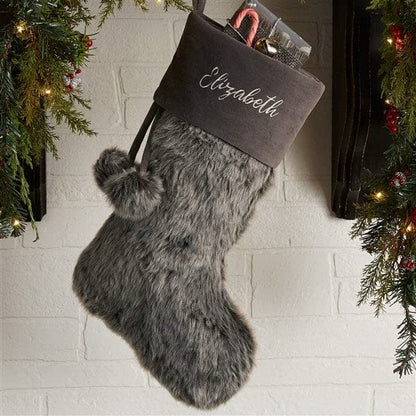 Personalization Universe Personalized Faux Fur Christmas Stocking in Grey - Customizable with Any Name or Monogram, Perfect for Holiday Decorations, 20" L x 8" W, 100% Polyester, Spot Clean Only