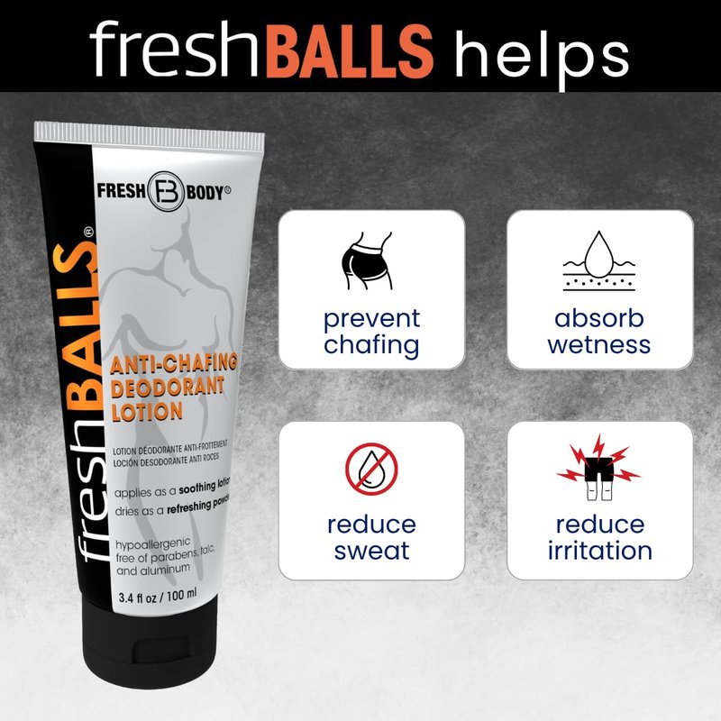 FRESH BALLS Lotion Anti-Chafing Cream Ball Deodorant for Men - Men's Anti-Chafe Lotion to Powder & Hygiene for Groin Area - Aluminum-Free, Talc-Free, 3.4 oz