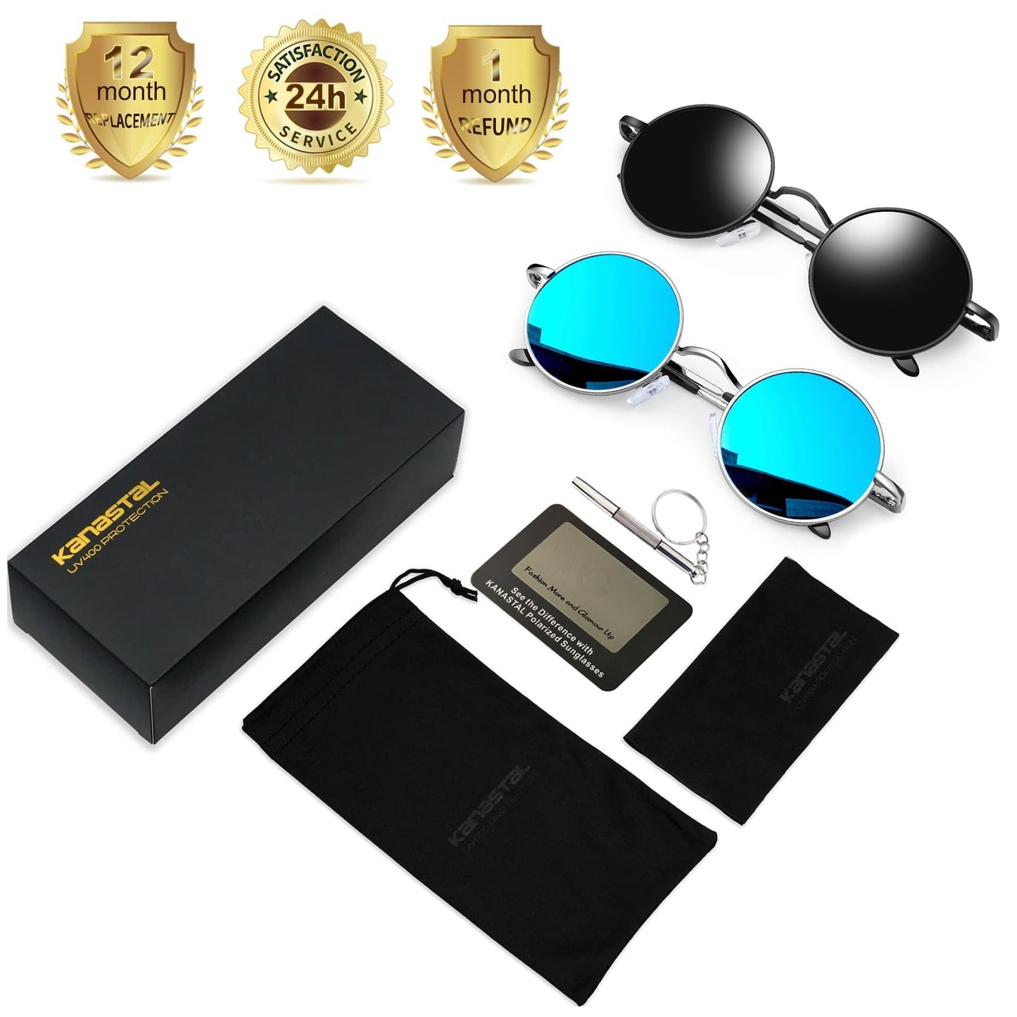 KANASTAL Mirror Round Sunglasses Mens Blue Polarised Hippie Style Vintage Circle Womens Mirrored UV Small - Black Frame Black Lens + Metal Frame Blue Lens