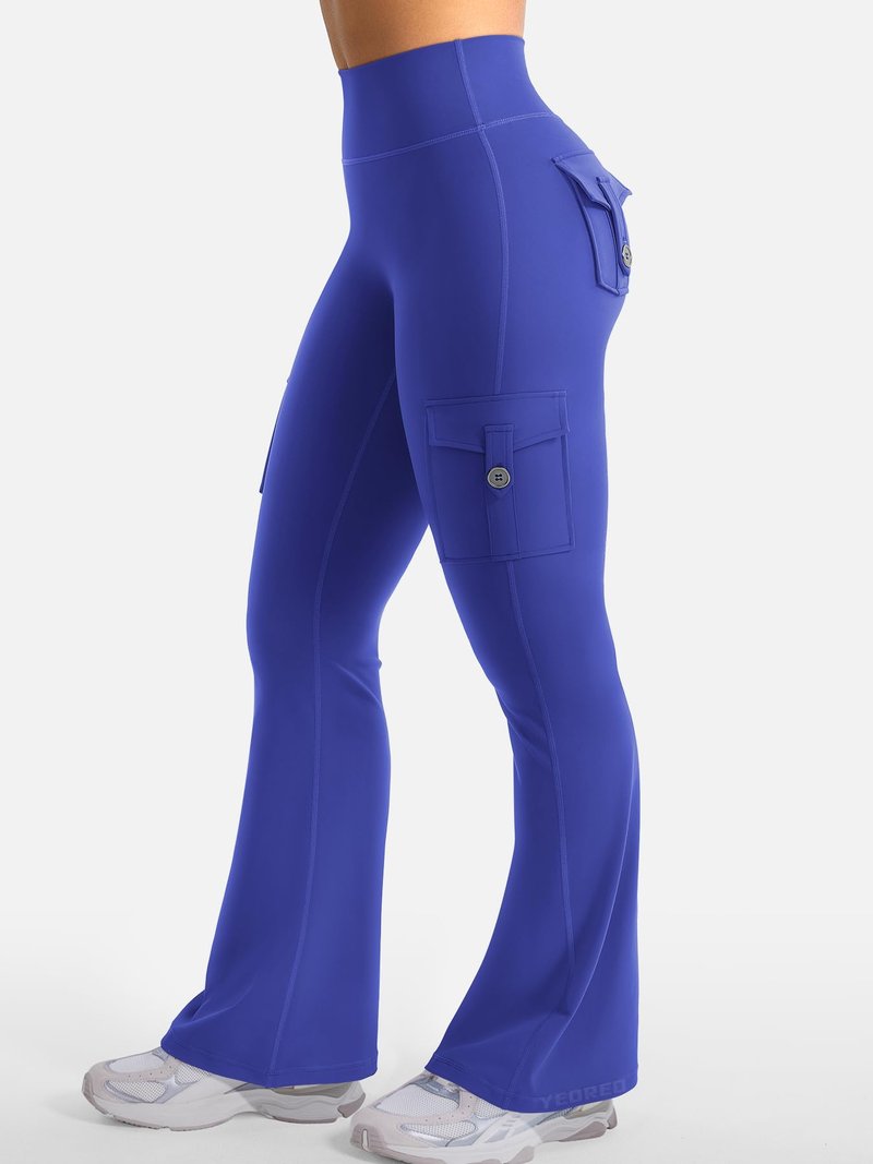 YEOREO CoreFlex Women Workout Flare Leggings with Pockets Hidden Scrunch High Waisted Cargo Gym Yoga No Front Seam Leggings 30" Inseam Dazzling Blue XS