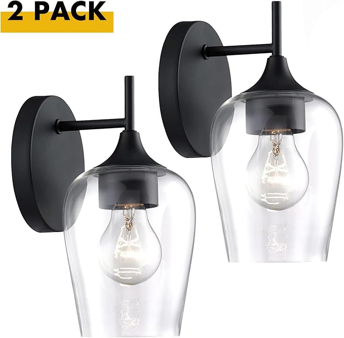 Hamilyeah Black Wall Sconces Set of Two, Farmhouse Sconces Wall Lighting Hardwired, Bathroom Vanity Lighting with Clear Champagne Glass Shade, Indoor Wall Lamp for Kitchen Stairway Living Room