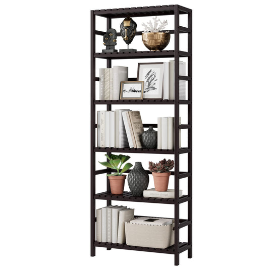 Bamjoy Bamboo Shelf, 6 Tier Bookcase Storage Shelves, Tall Book Rack Shelving Unit, Multipurpose Storage Display Shelf Adjustable Storage Rack for Bathroom Home Office Living Room Kitchen, Dark Brown