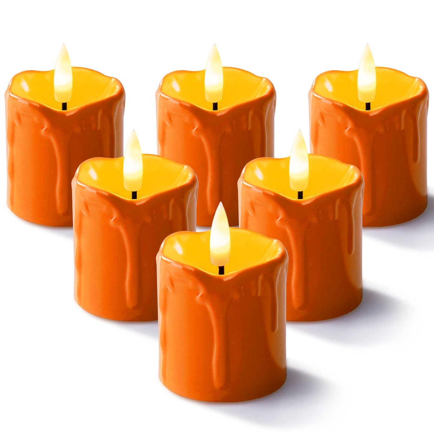 Homemory 2" x 2" Orange Flameless Votive Candles with Timer, Realistic Battery Operated Candles, 6Pack Black Wick Fall Candle for Pumpkin Lanterns, Halloween Decorations