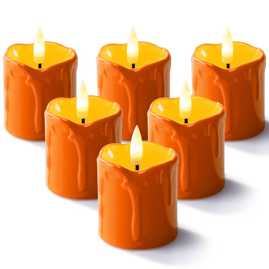 Homemory 2" x 2" Orange Flameless Votive Candles with Timer, Realistic Battery Operated Candles, 6Pack Black Wick Fall Candle for Pumpkin Lanterns, Halloween Decorations