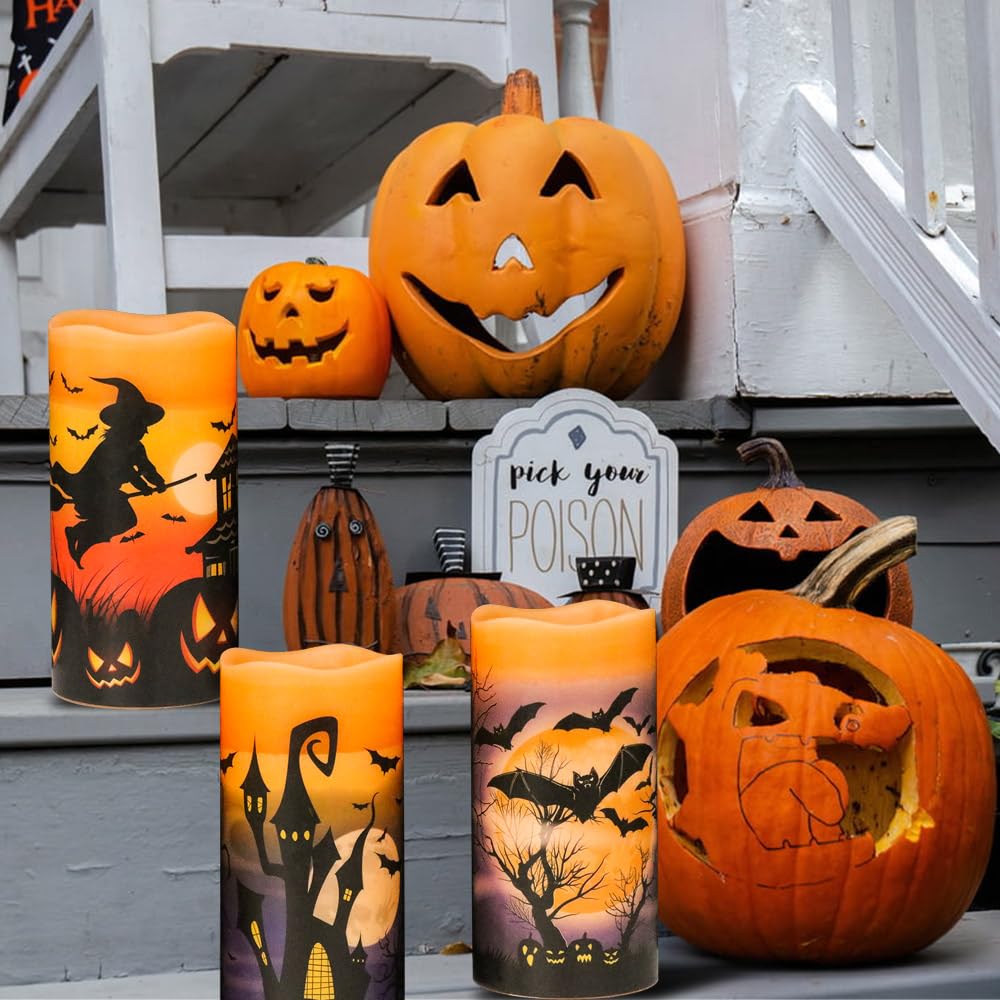 DRomance Halloween LED Flameless Pillar Candles Battery Operated with 6 Hour Timer Set of 3 Orange Wax Warm Light Flickering Witch Bats Castle Spooky Decals Halloween Decor Gifts(3 x 6 Inch)