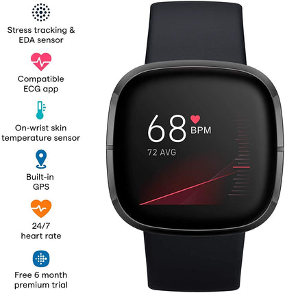 Fitbit Sense Health & Fitness Smartwatch W/GPS, Bluetooth Call/Text, Heart Rate SpO2, ECG, Skin Temperature & Stress Sensing (S & L Bands, 90 Day Premium Included) International Version (Graphite)