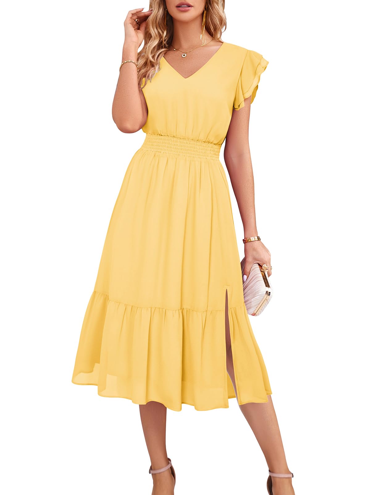 2025 Christmas Cocktail Dresses for Women, Midi Ruffle Tiered Sleeve V-Neck A-Line Split Party Dress, Light Yellow-Plain S