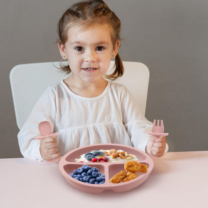 Eascrozn Silicone Feeding Set, 2 Pack Divided Toddler Plates with Suction, 2 Pack Utensils - Spoons & Forks, BPA Free, Baby Led Weaning Supplies