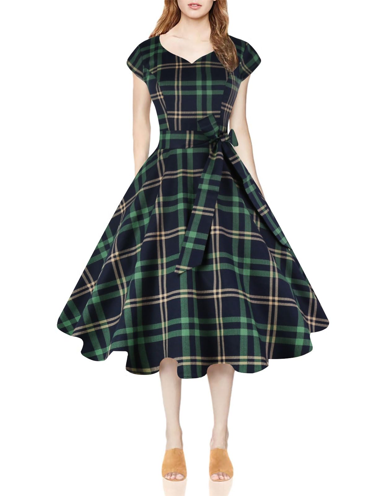 Kingfancy Women Vintage 1950s Dress Retro Cocktail Party Swing Dresses with Cap Sleeves Green Plaid M