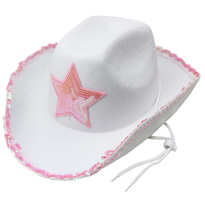 GiftExpress White Felt Cowgirl Hat with Pink Sequin Star, Country Themed Party Cowboy Dressup Play Costume Hat For Teens & Adults