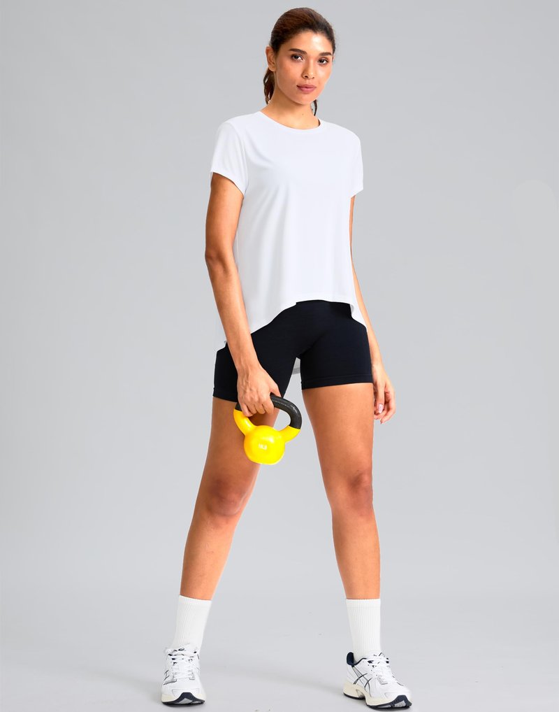 SANTINY Short Sleeve Workout Tops for Women Loose Yoga T-Shirts Sun Protection Breathable Running Athletic Tee Shirts (White_M)