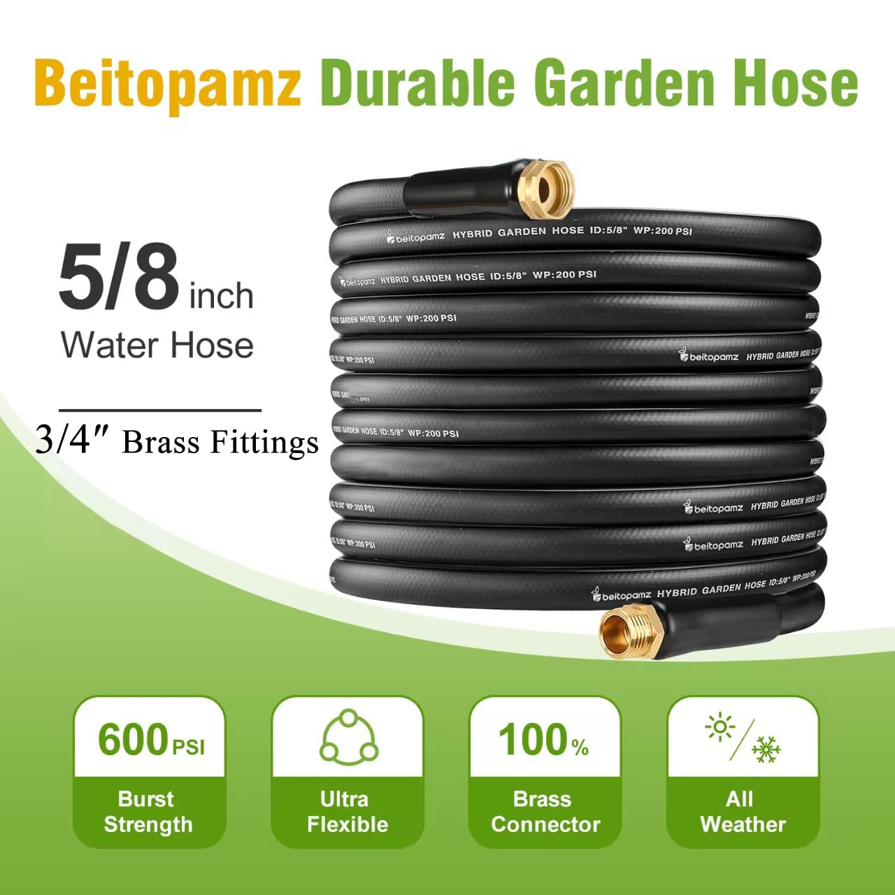 Beitopamz 150 ft Garden Hose, 5/8 in Heavy Duty Water Hose, Flexible and Durable, Lightweight Rubber Hybrid Hose, Leak-Free Connections, Male to Female 3/4'' Brass Fittings for Patio, Lawn, Black