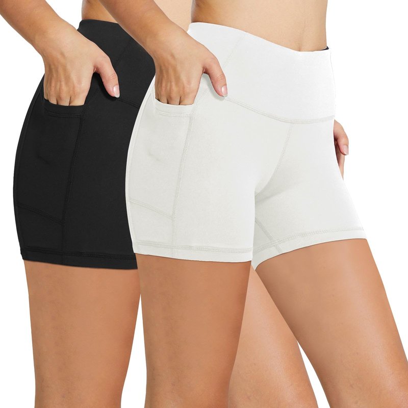 baleaf Biker Shorts Women Yoga Gym Workout Spandex Running Volleyball Tummy Control Compression with Pockets 5" 2-Pack Black/White XS