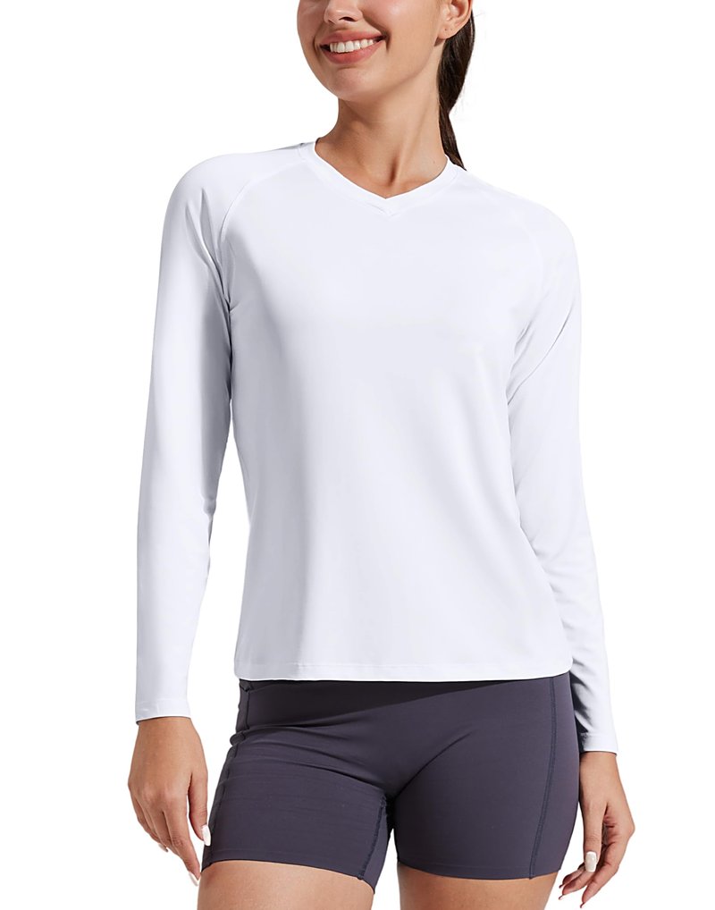 Pioneer Camp Women's UV Sun Protection SPF Shirt V Neck UPF 50+ Long Sleeve Workout Tops Quick Dry Rash Guard Hiking Running White