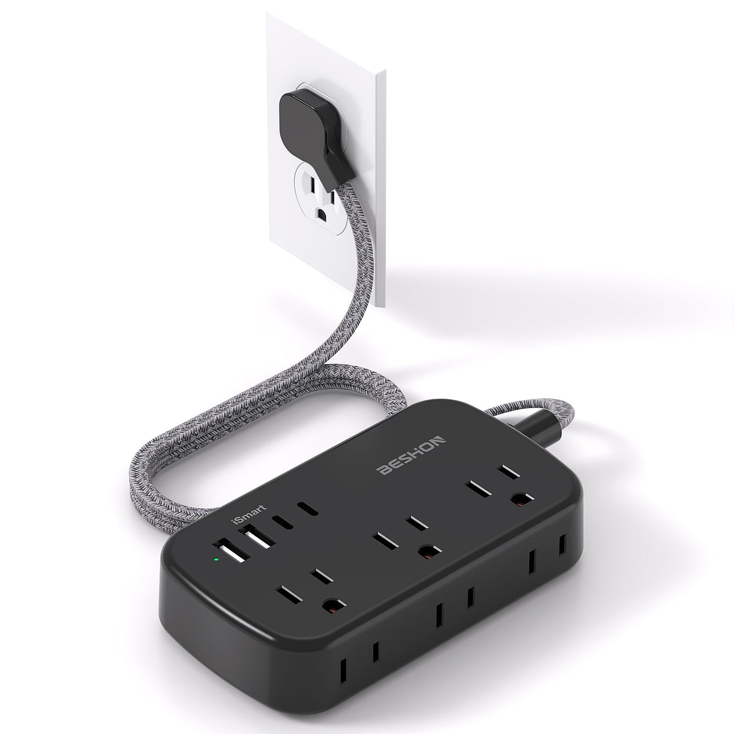 Flat Extension Cord, BESHON 5FT Flat Plug Power Strip with USB C, 6 Outlets 4 USB Port(2 USB C), No Surge Protector, Cruise Ship, Dorm Room Travel Essentials