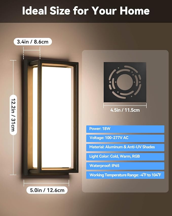 SHIMR Outdoor Wall Lights, 1500LM Smart Porch Lights RGBCW Outdoor Light Fixture, Wi-Fi Control Color Changing Exterior Sconce IP65 Waterproof Antirust, Works with Alexa Google Assistant [ETL Listed]