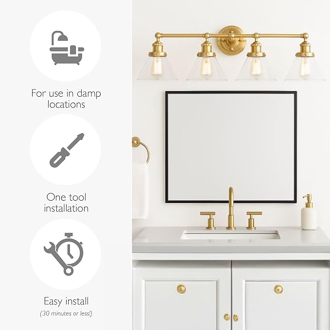 Design House Augustin Vanity Light, 4-Light, Seeded Glass Warm Glow, Dimmable, Up/Down Glow, Easy Installation, E26 Socket, Satin Gold, 34.9 in L x 8.3 in D x 11.1 in H, 589044-SG