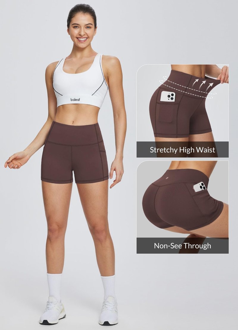 baleaf Gym Shorts Women 3" Biker Workout Yoga Spandex Running Volleyball Tummy Control Compression with Pockets Brown S