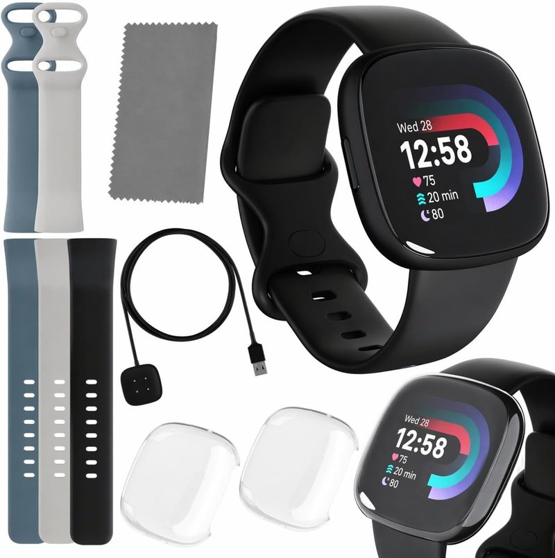 Fitbit Versa 4 Smartwatch (Bundle) – GPS Fitness Tracker, 40+ Exercise Modes, Heart Rate, Sleep, Workout for Android & iPhone + Fast Charger, 2 Silicone Bands, Protection Shields, Cleaning Cloth