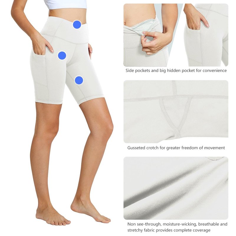 baleaf Biker Shorts Women Yoga Gym Workout Spandex Running Volleyball Tummy Control Compression with Pockets 8" White S