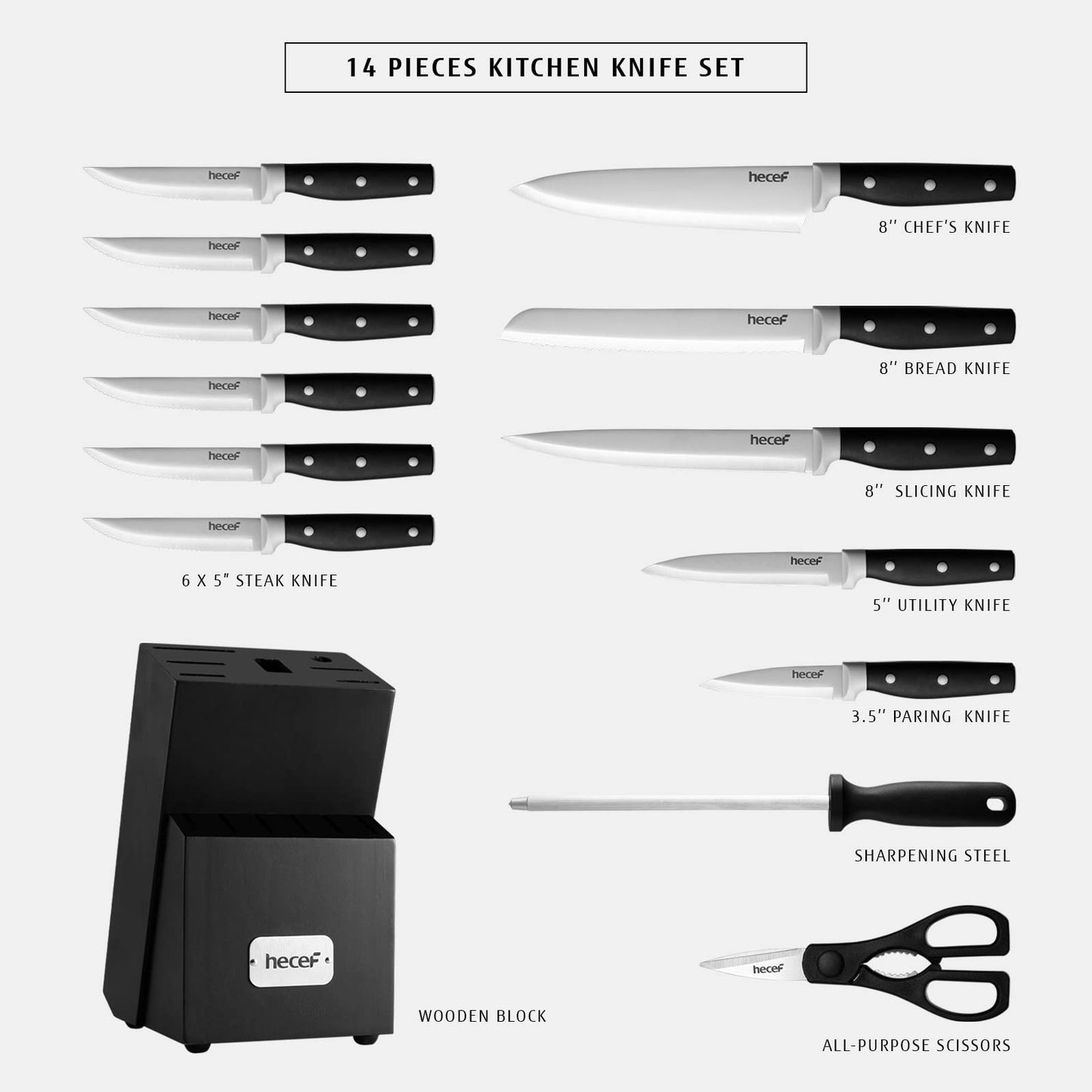 hecef Kitchen Knife Block Set, 14 Pieces Knife Set with Wooden Block & Sharpener Steel & All-purpose Scissors, High Carbon Stainless Steel Cutlery Set (Yellow)