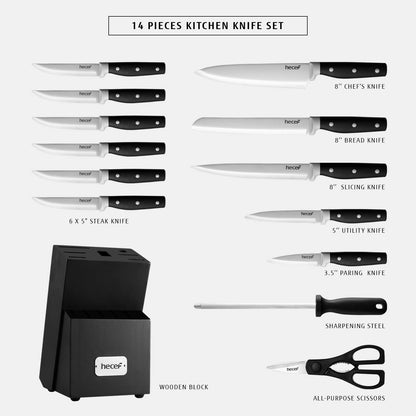 hecef Kitchen Knife Block Set, 14 Pieces Knife Set with Wooden Block & Sharpener Steel & All-purpose Scissors, High Carbon Stainless Steel Cutlery Set (Yellow)