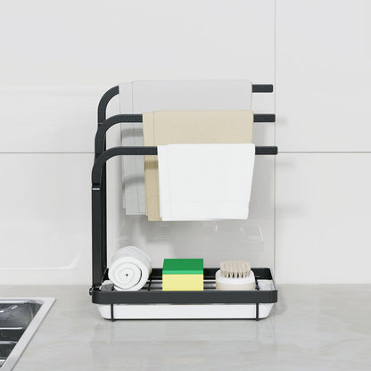 Apsan Sponge Holder with Drain Pan for Kitchen Sink, Kitchen Sink Caddy Organizer for Sponge Brush Soap Dish Dishcloth Rack, Small Black