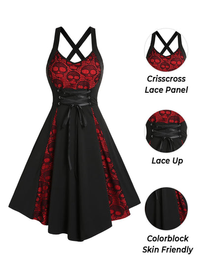 DRESSFO Summer Lace Up Cross Back A Line Gothic Sundress Skull Lace Godet Dress for Women (Black Red/1X)