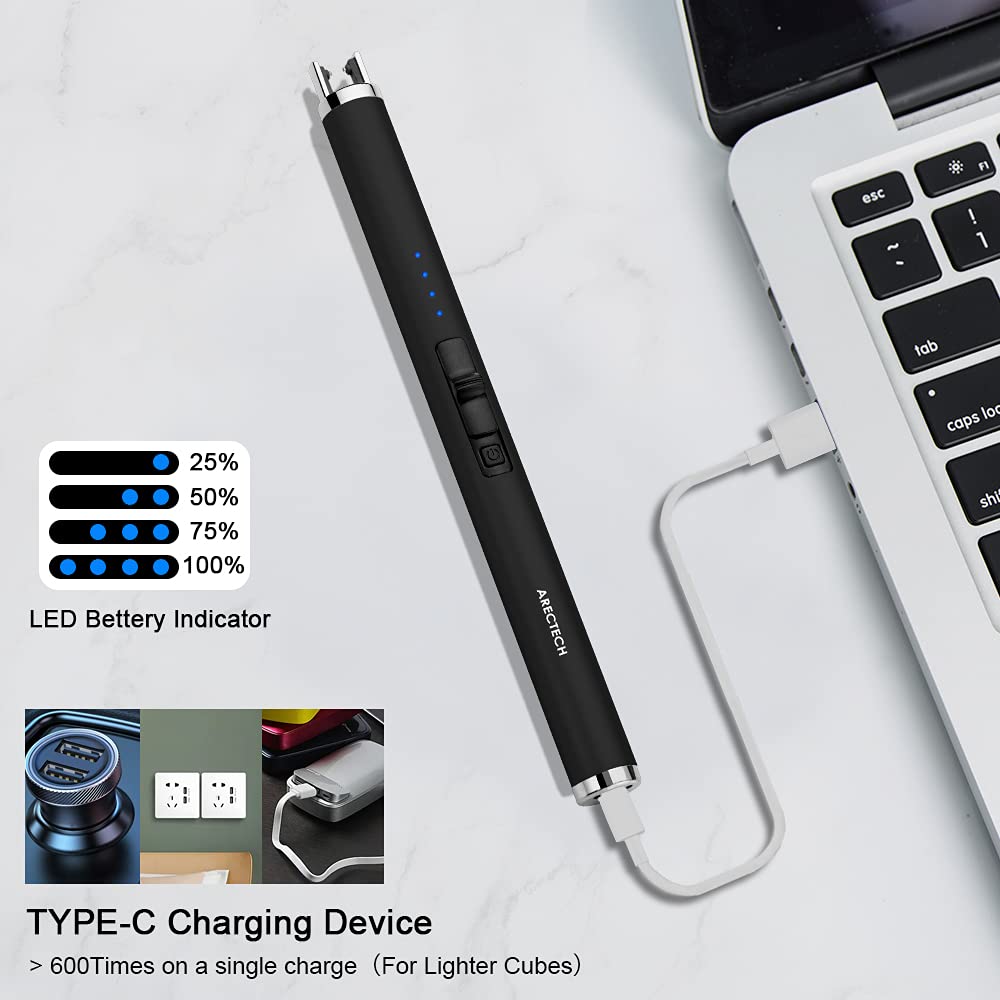 ARECTECH Rechargeable Electric Candle Lighter Arc Plasma Windproof Lighter for Candle Kitchen Birthday Gift for Mom Men Wife with Type-C Cable Black