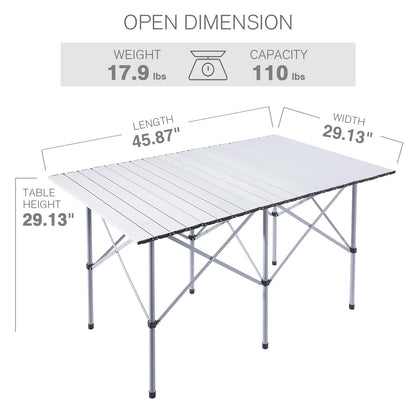 EVER ADVANCED Camping Table, Fold up Lightweight, 4-6 Person Portable Roll up Aluminum Table with Carry Bag for Outdoor, White
