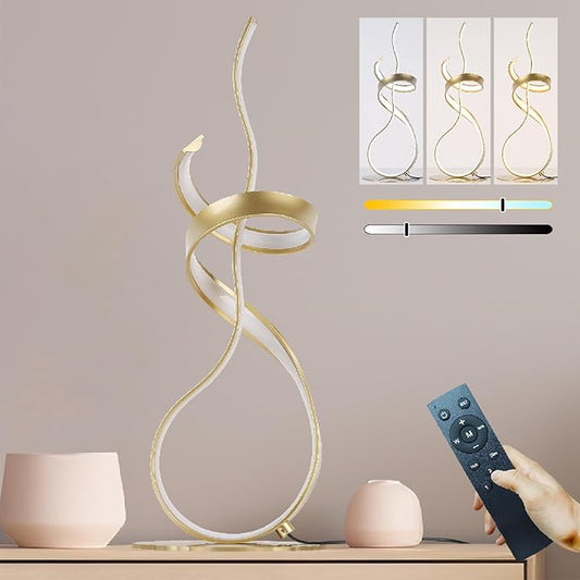 Gold Art Spiral 24W LED Table Lamp with Touch Remote Dimmer, 22" Unique Creative Stylish Smart Lamp, LED Desk Lamp for Dining Room, Bedroom, Bedside, Restaurant, Bar (Gold)