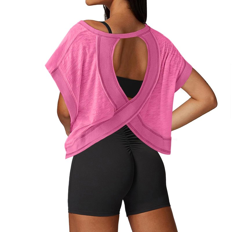 UNIANKIYA Open Back Workout Tops for Women Loose Fit Athletic Crop Tee Short Sleeve Gym Running Yoga Shirt Pink