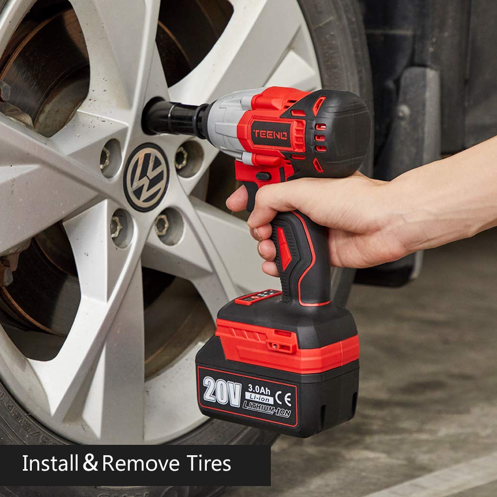 TEENO 20V Brushless Lithium-Ion Impact Wrench,2×3.0Ah Batteries, Charger, 3pcs Sockets, 1/2 Inch, 320NM