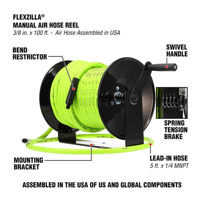 Flexzilla Manual Open Face Air Hose Reel, 3/8 in. x 100 ft., Heavy Duty, Lightweight, Hybrid, ZillaGreen - L8652FZ